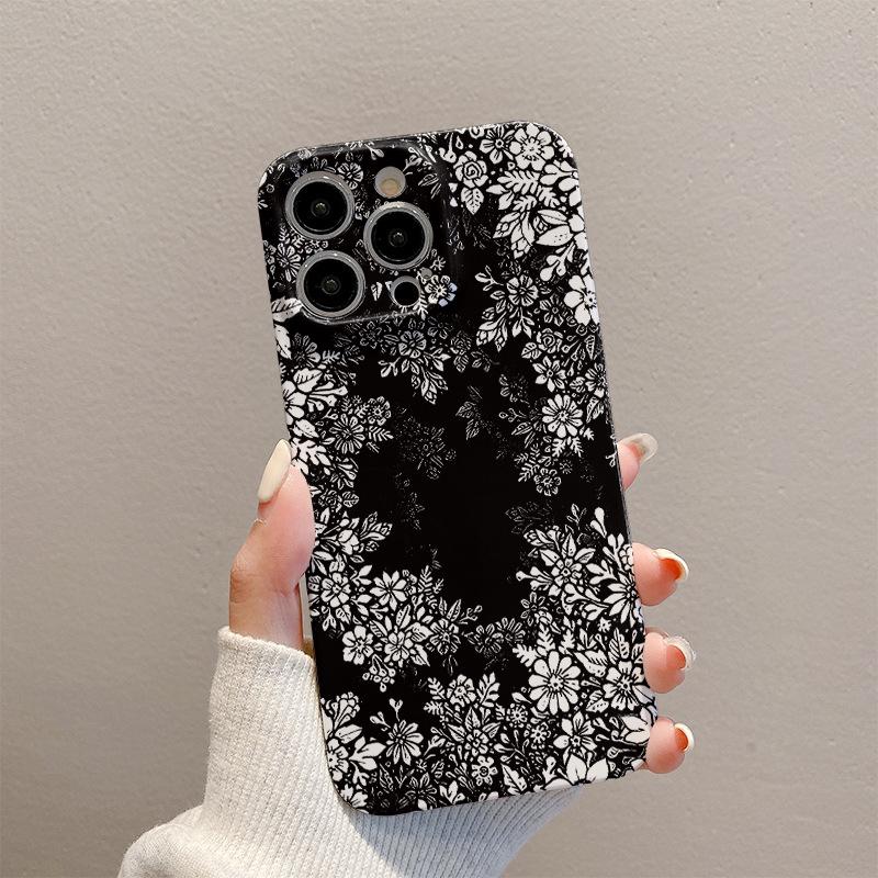 Black Floral iPhone Case: Full Coverage for iPhone 13 Pro Max, iPhone 14, and 15 with Glass Protection