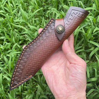 24cm Fixed Blade Knife Scabbard Embossed Cowhide Second Layer Leather Camping Knife Case Outdoor Portable  Hunting Holsters with Belt Buckle