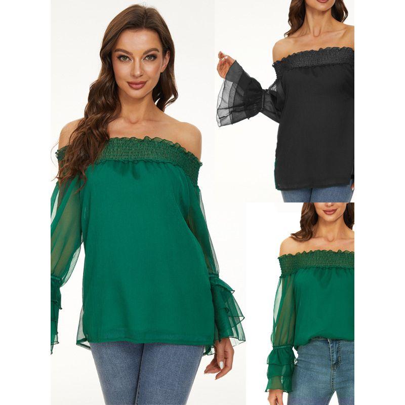 2022 New One Word Neck Casual Long Sleeve Chiffon Shirt Top