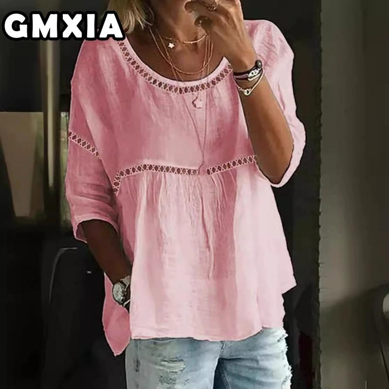 

GMXIA Женская мода Повседневный досуг Однотонный принт Короткий рукав O-образный вырез Блузки и рубашки XXL розовый