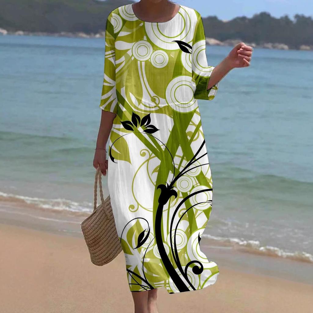 European and American New Large-size Dress Women's Clothing Seaside Vacation Printed Loose Long Dress