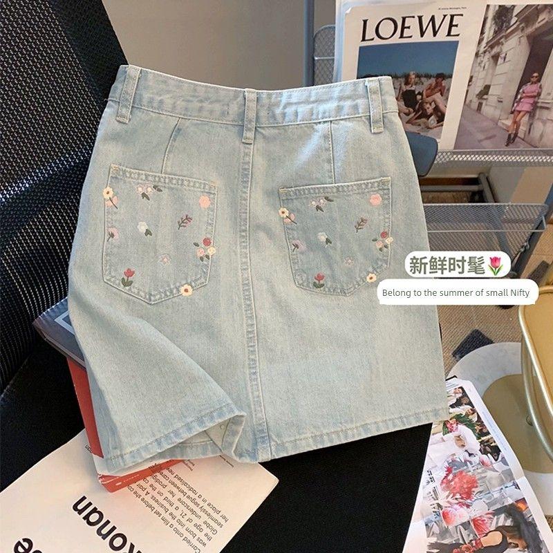 Light Color Female Summer High Waist A- line Japanese Style Denim Skirt Light Blue 3XL