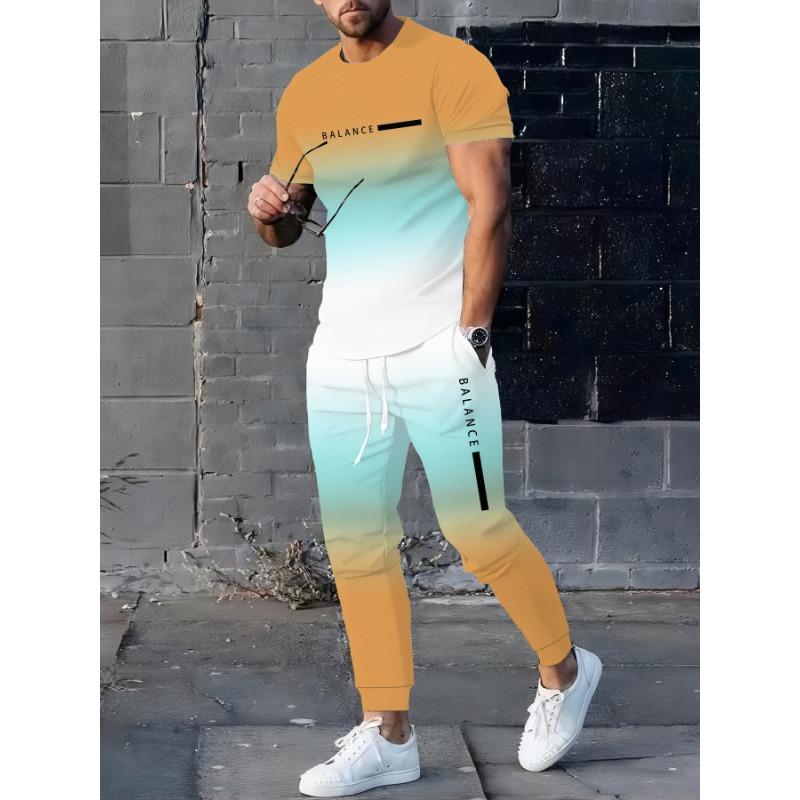 Men'S 3D Casual Suit, Gradient Color High-Definition Pattern Printed Short-Sleeve T-Shirt And Drawstring Straight-Leg Pants Set