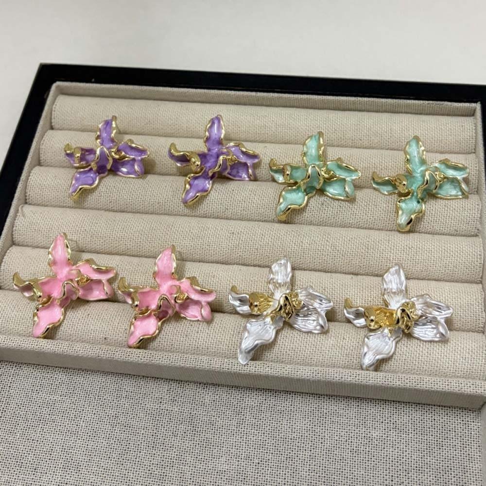 1 pair Luxury Enamel Iris Earrings Temperament Metal Flower Ear Studs  Women