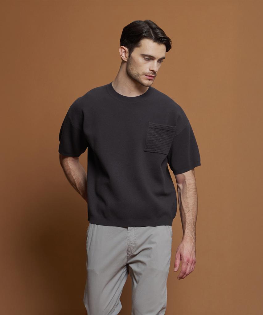PANICALE Charcoal Wool Blend Short Sleeve Pocket Sweater