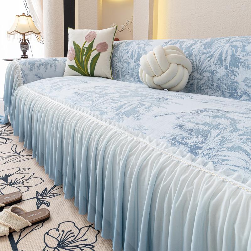 

Универсальный чехол на диван из шенилла с французской оборкой, кремово-эстетичный, с цветочным узором, противоскользящий, градиентный коврик-накладка на диванную подушку 180*200cm синий