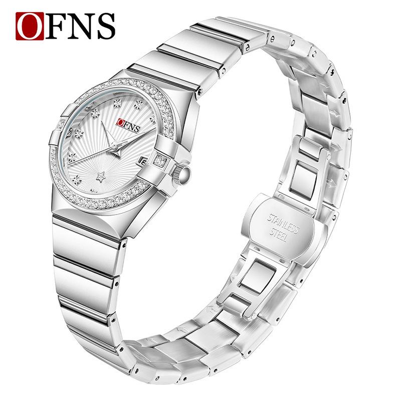 OFNS Women's Luxury Quartz Watch: Diamond-Inlaid Round Dial, Calendar, Waterproof, Luminous, Elegant Design.