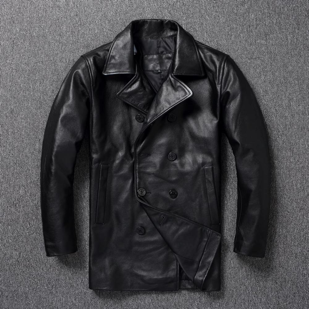Chinese Size Long Men Leather Coat Genuine Soft Cow Leather Classic Double Breasted Turn Down Collar Leather Jackets For Men Clothing Autumn