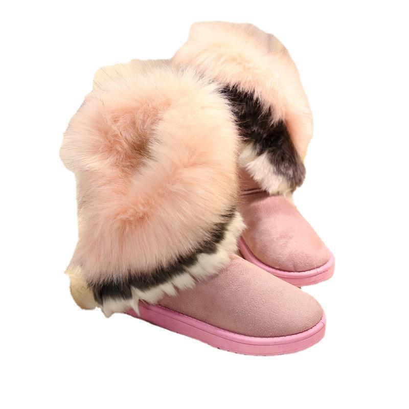 Damen Mid-Calf Schneestiefel mit Fuchsfellbesatz - Winter Baumwollfutter