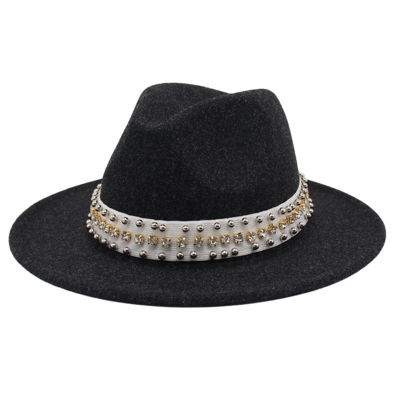 Fedora Wool Jazz Hat Elastic Band Diamond Accessories Large Brim Felt Hat Elegant Top Hat