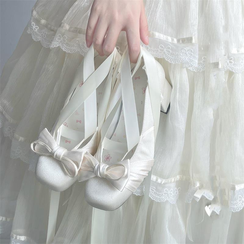 Satin ballet Mary Jane shoes women's lolita shoes 2025 new thick heel square head ribbon girl bow single