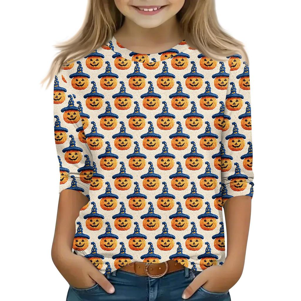 Children's 3/4 Sleeve Tops Casual Halloween Print T Shirt Round Neck Pullover Blouse