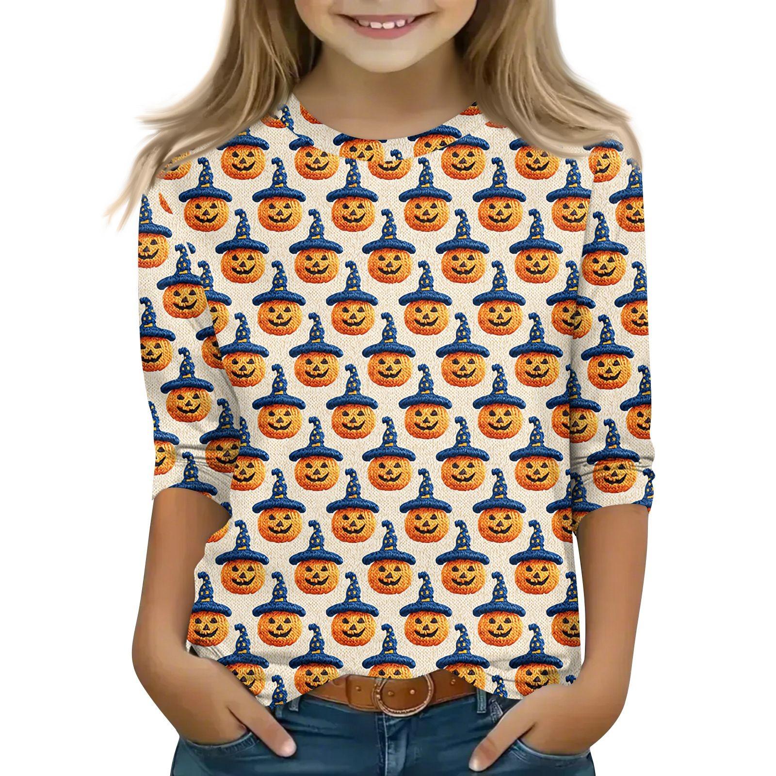 

Детские топы с рукавом 3/4, повседневная футболка с принтом на Хэллоуин, пуловер-блузка с круглым вырезом 120