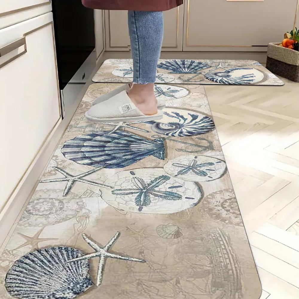 

1 шт. Кухонные коврики против усталости, Винтажный принт с ракушками и морскими звездами, Водонепроницаемый, Нескользящий, Толстый амортизирующий кухонный коврик, Сверхпрочный комфортный коврик для стояния 40*60cm