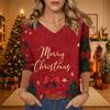 Women's Christmas Print V-Neck Three-Quarter Sleeve Loose Fit Casual Shirt