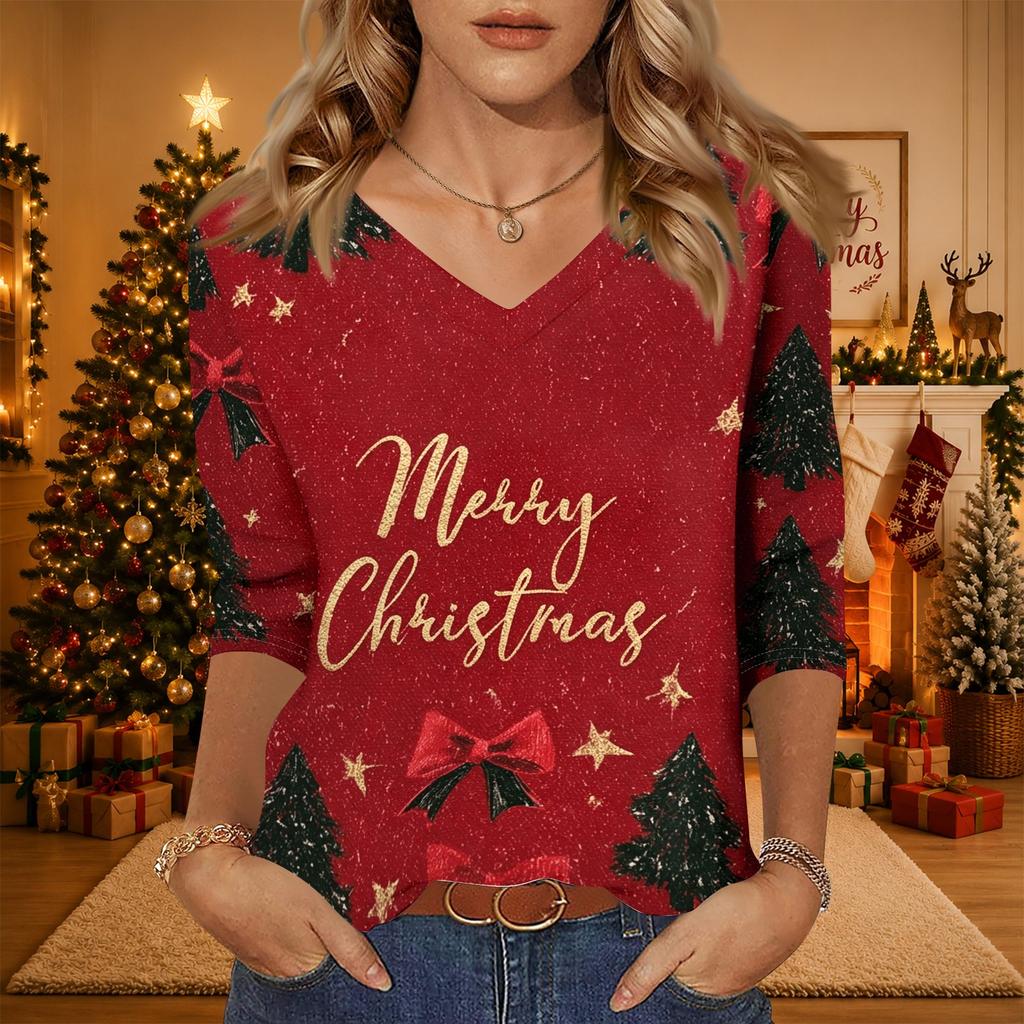 Women's Christmas Print V-Neck Three-Quarter Sleeve Loose Fit Casual Shirt