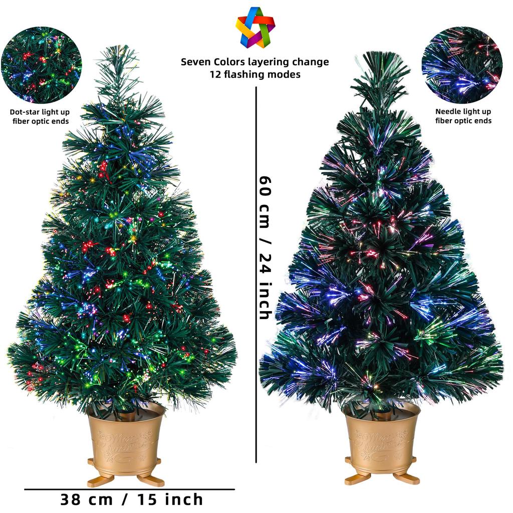 24 Inch Green Pre-lit Mini Fiber Optic Tabletop Artificial Christmas Tree with LED Lights Gold Base Xmas Table Top Tree