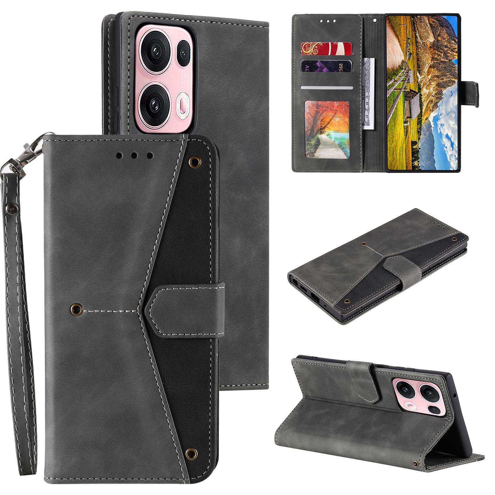 

For Oppo Reno13 Pro 5G Leather Case Splicing Stitching Wallet Phone Cover with Wrist Strap Grey