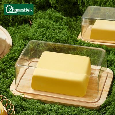 Plato de Mantequilla de Bambú de Gran Capacidad Estilo Nórdico para Encimera con Tapa Acrílica Caja Contenedora de Mantequilla para Cocina Vajilla de Mesa para Mantequilla