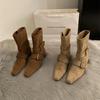 Retro French Style Short Boots Women'S Western Square Head Design Korean Version  Small Mass Market Suede Mid-Calf Boots