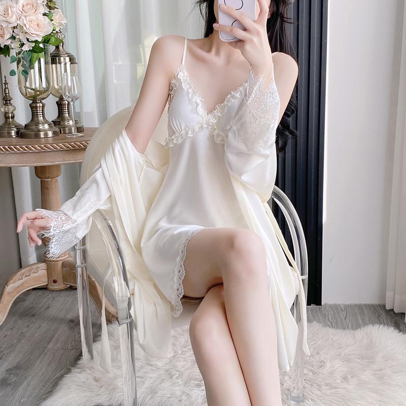 Ice and snow silk women's summer nightgown suspender spring and autumn nightgown simulation silk pajamas two-piece set live broadcast