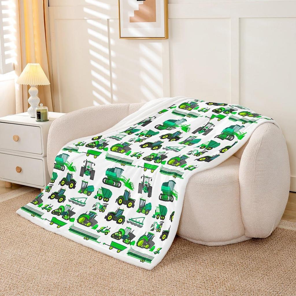 Equipment Trucks Sherpa Blanket Kids Boys Excavators Fleece Throw Blanket for Bed Sofa Couch Children Green Vehicle Plush Blanket Soft Const