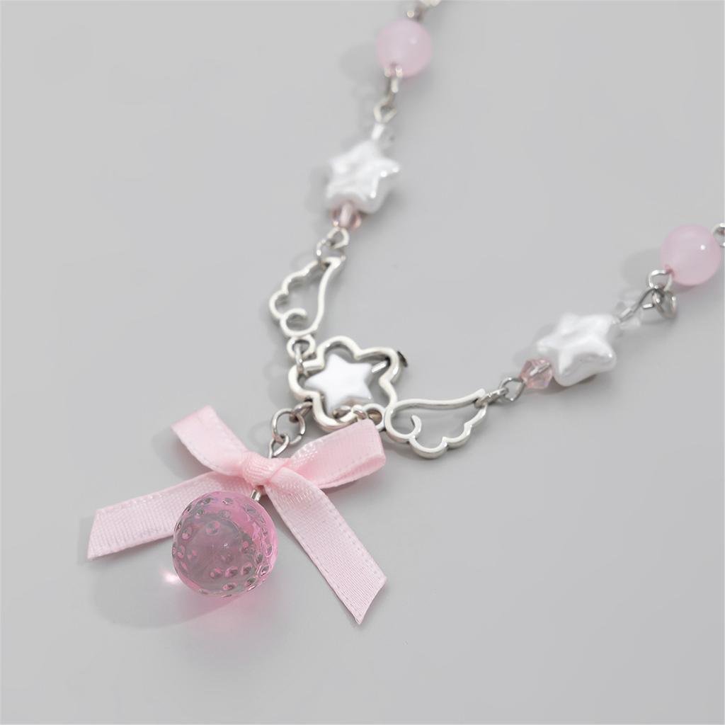 Fashionable Sweet Styles Strawberry Pendant Necklace with Bowknot Charm Accessory for Women Party Supplies Ornament