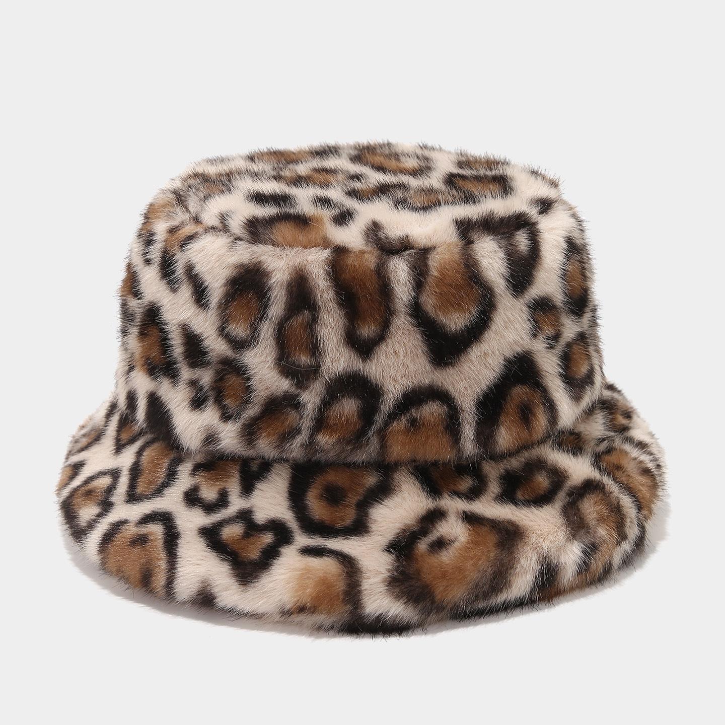 Women s Autumn & Winter Trendy Fisherman Hat - American Leopard Print Thickened Warm Bucket Hat,Fashion Faux Mink Fur Cap