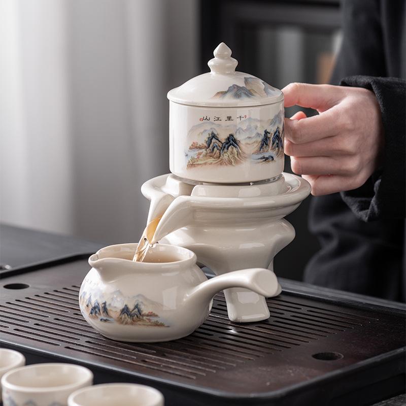 Retro stone mill comes and goes, automatic kung fu tea set, gift box set, high-end business souvenir, a pot of six cups