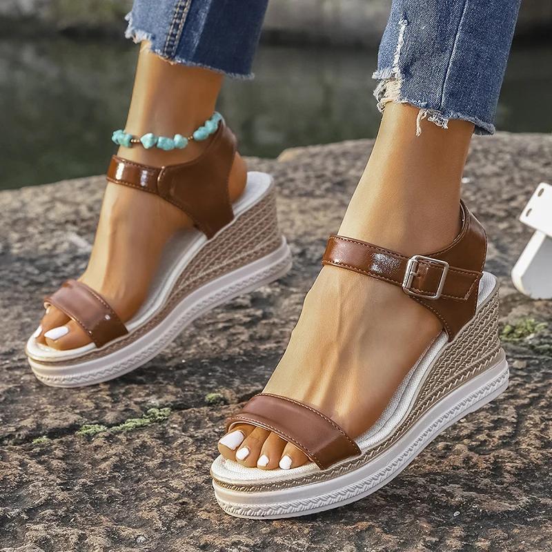 Fashion 2025 Summer Fashion Women's Wedge Heel Sandals Brown Buckle Strap Platform Sandalias Mujer Thick Sole Non Slip Beach Shoes Woman