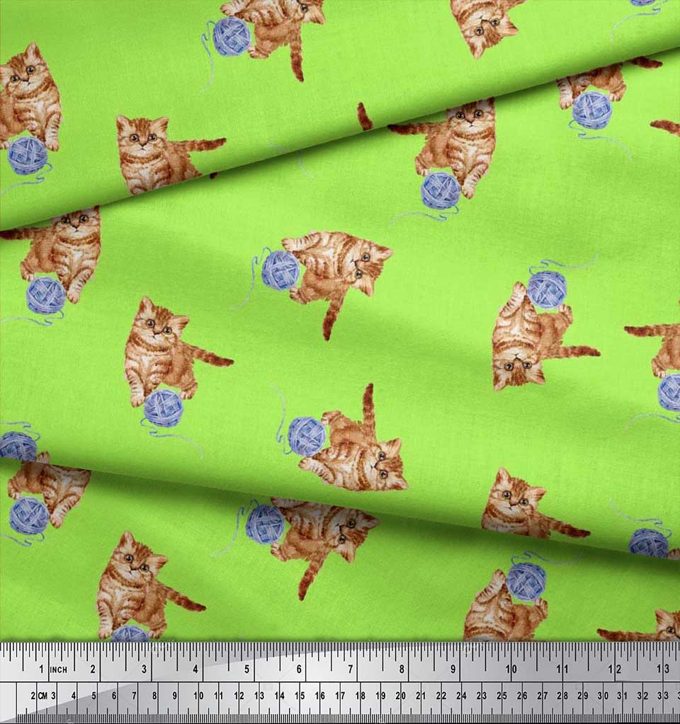 Soimoi Japan Crepe Satin Fabric Wool & Cat Animal Print Fabric by the Metre 42 Inch