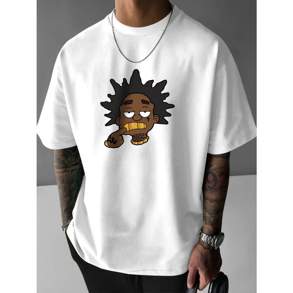 Mens Big Golden Teeth Portrait Print Crew Neck Short Sleeve T-Shirt Casual Loose Men's Clothing Cotton Fashion Streetwear