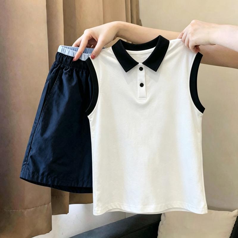 Girls' Korean Style Polo Vest Set - 2026 Summer Fashion Pure Cotton Patchwork Two-Piece for Medium & Large Children