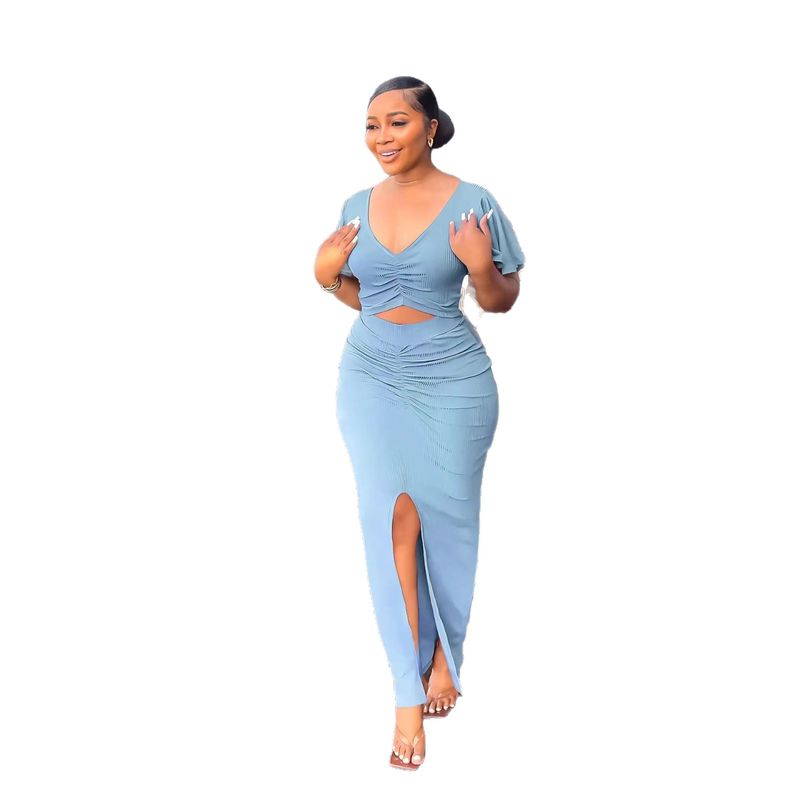 Western Style New Lotus Leaf Sleeve Navel V-neck Top Split Hip Skirt Two-piece Set Top and Skirt Set