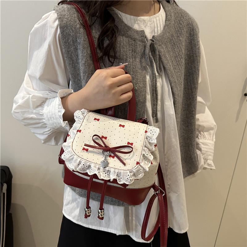 Polka Dot Ruffled Backpack for Women Trendy Bowknot Bucket Bag