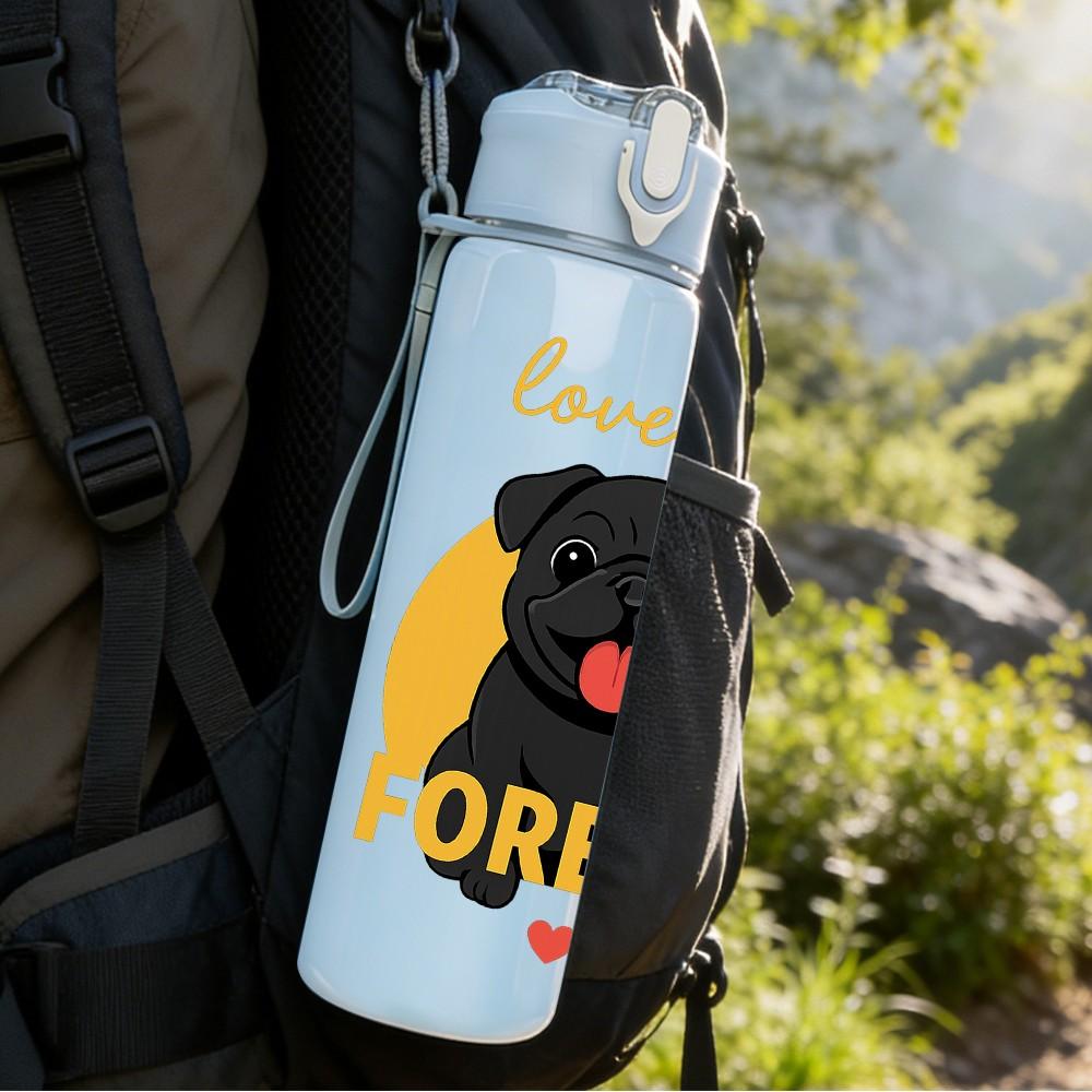 1PC Love You Forever Black Pug 750ml Color Plastic Sports Water Bottle Leakproof Flip Straw Lid Suitable for Sports Office Home Use