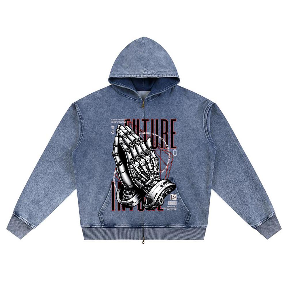 DTG Print Knitted Denim Zip-Up Hoodie Robot Graphic Brother Print Zipper Hoodies  