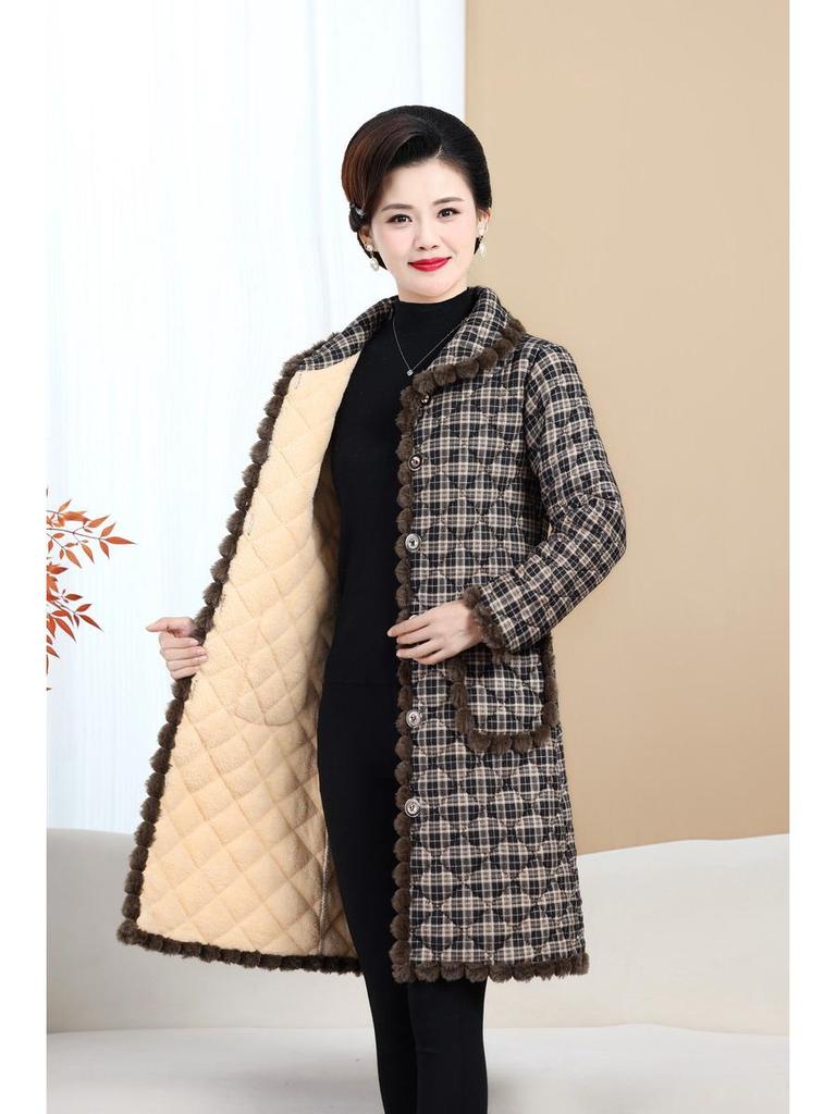 Women's Mid-Length Plaid Cotton Jacket - Maternity & Plus Velvet for Autumn/Winter Warmth, Over-the-Knee Style for Middle-Aged & Elderly