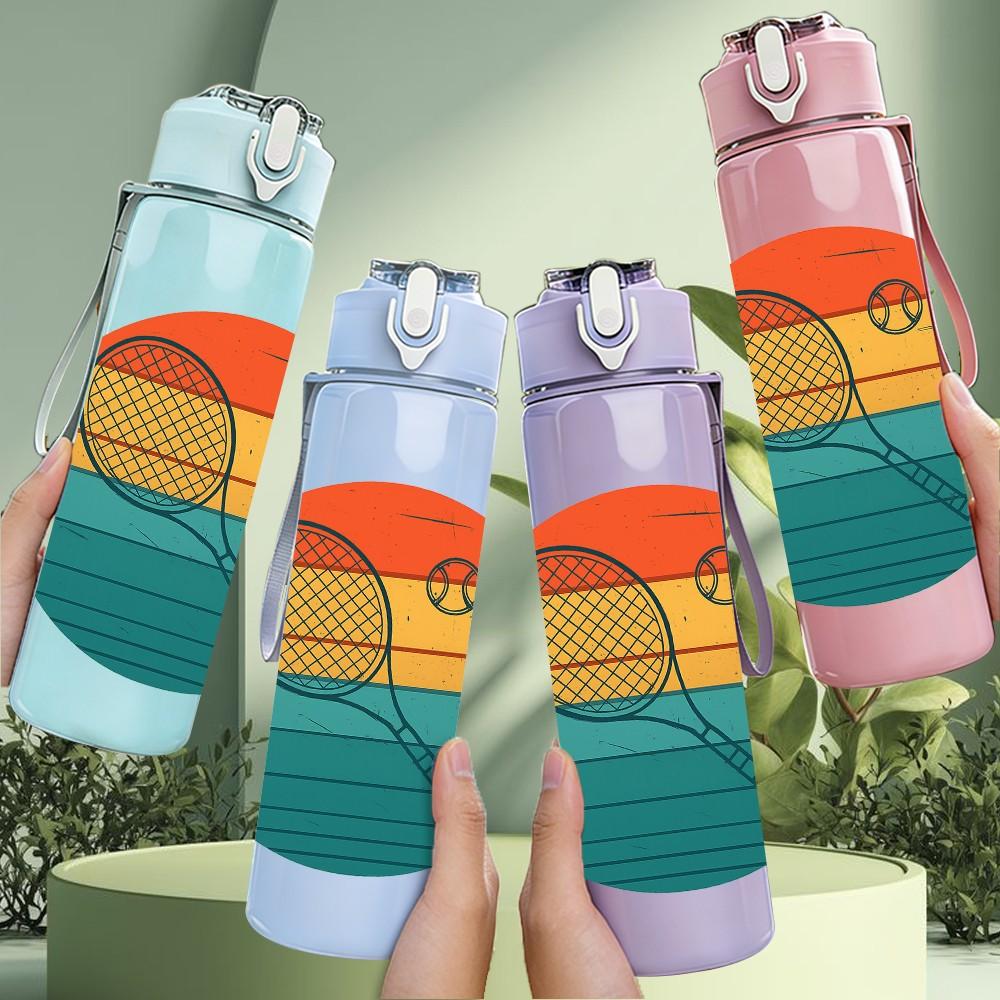 1PC Tennis Racket Sunset Circle 750ml Color Plastic Sports Water Bottle Leakproof Flip Straw Lid Suitable for Sports Office Home Use