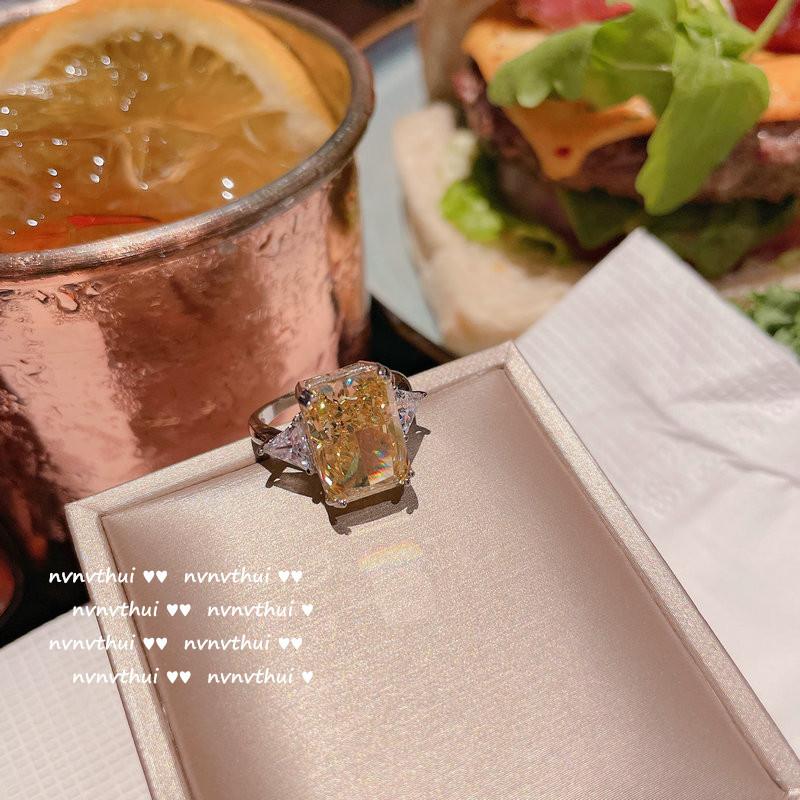 Bright London Sapphire Rectangular 925 Silver Ring, Gold-Plated Multi-Faceted Goose Yellow Zircon Geometric Styling Ring No. 7