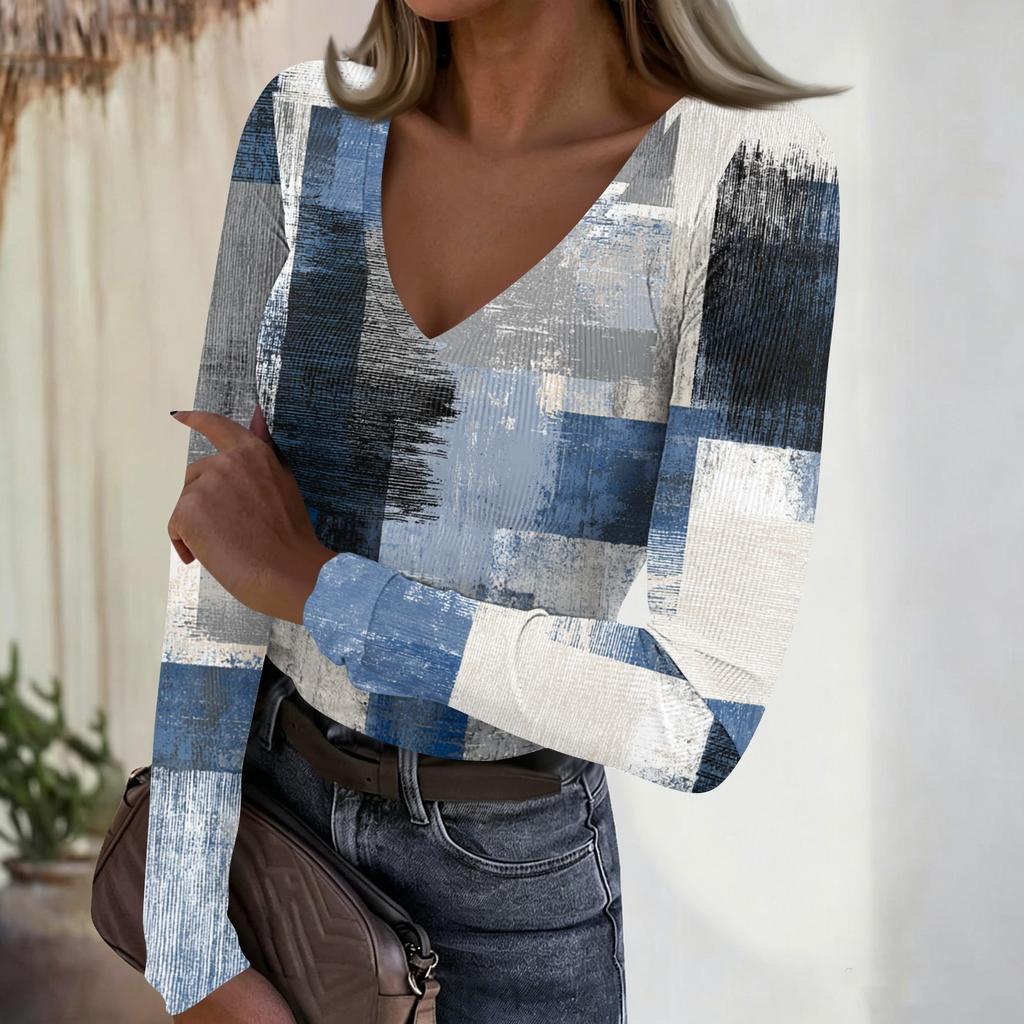 Women's Casual V-Neck Vintage Print Long Sleeve Ribbed Top for Fall and Everyday Wear