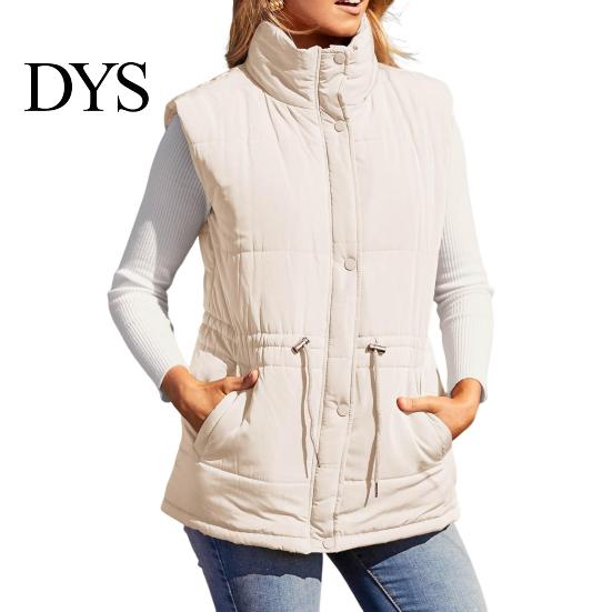 Winter Waistcoat Women Vest Coat Thickened Padded Button Closure Stand Up Collar Sleeveless Drawstring Tight Waist Solid Color Windproof Heat