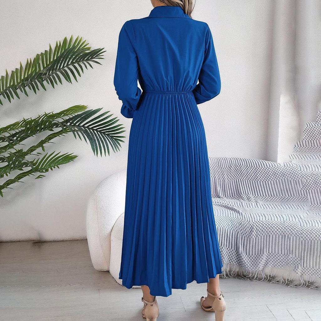 Spring Summer Women Long Sleeve Solid Pleated High Waist A Line V-Neck Long Dress