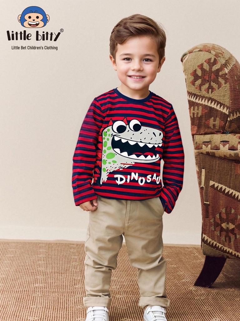 2025 European & American Boys' Striped Long-Sleeve Cotton T-Shirt, Autumn/Winter, Round Neck