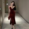 Vintage Sexy Club Prom Red Dresses for Women Spaghetti Strap Slit Velvet Dress Beach Bandage Bodycon Midi Dress Party Elegant