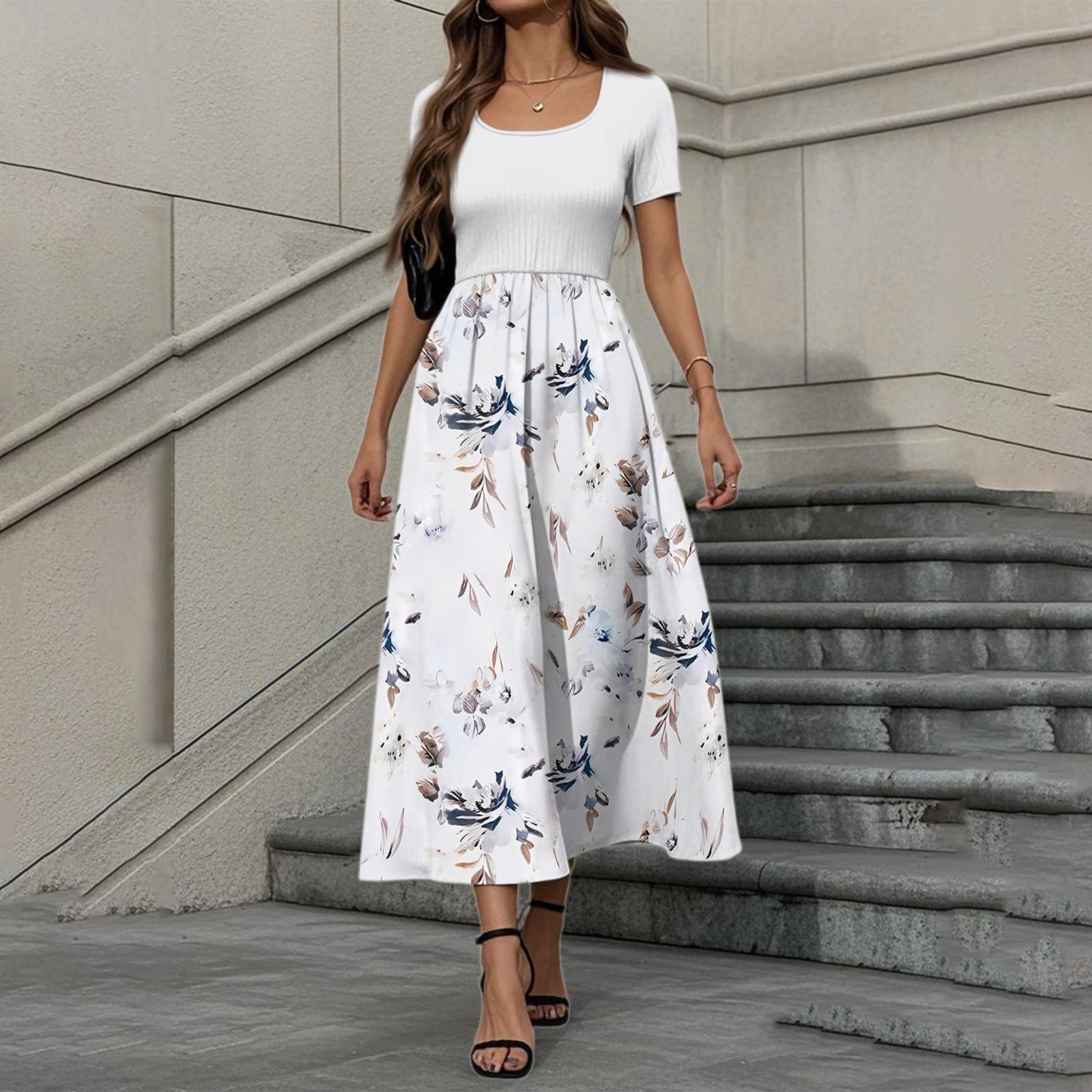 

Женское модное повседневное платье с коротким рукавом и круглым вырезом, с цветочным принтом, элегантное платье с темпераментом XL белый