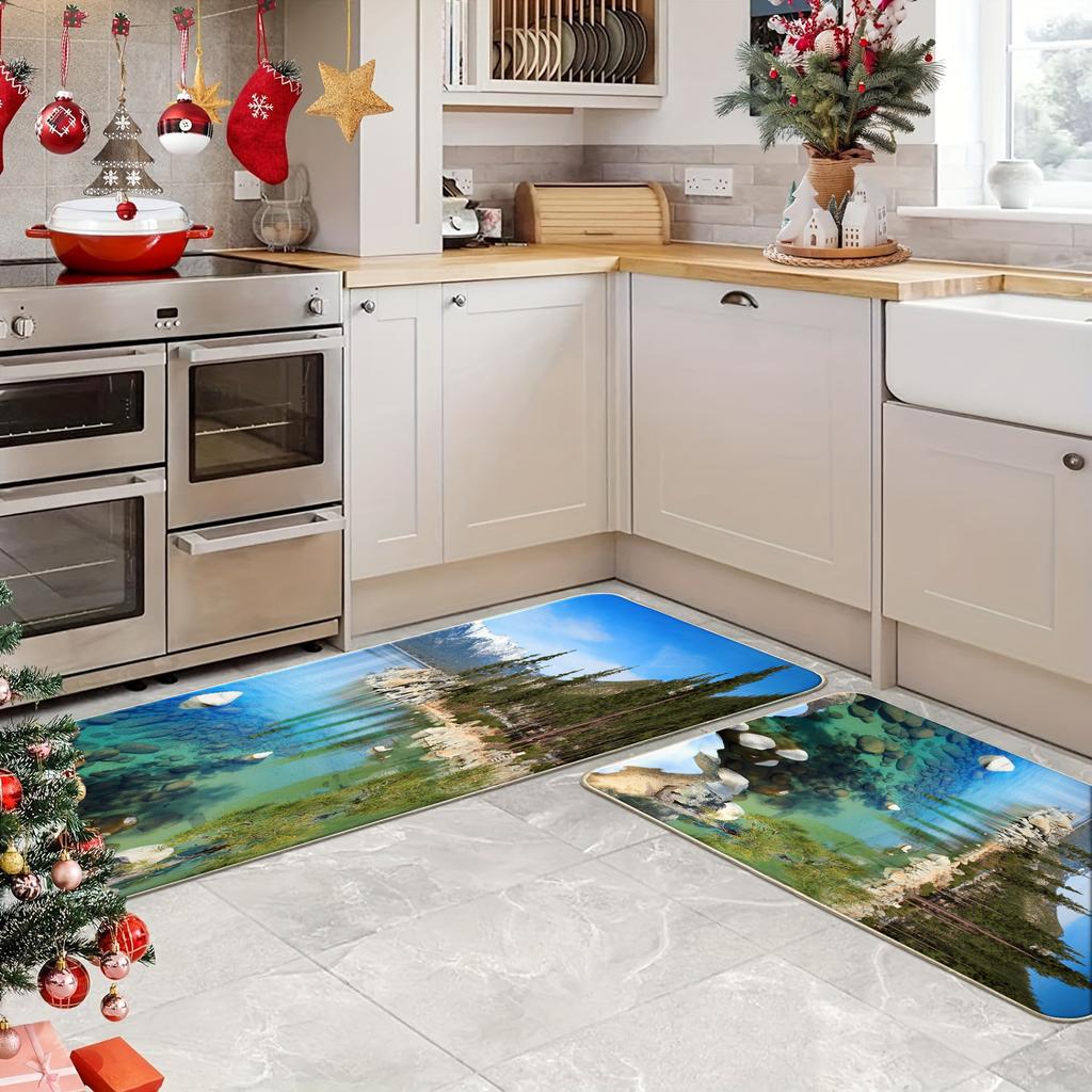 1Pcs Anti Fatigue Kitchen Rugs,  Lake Print Waterproof Non-Slip Thick Cushioned Kitchen Mat Heavy Duty Comfort Standing Mat for Kitchen
