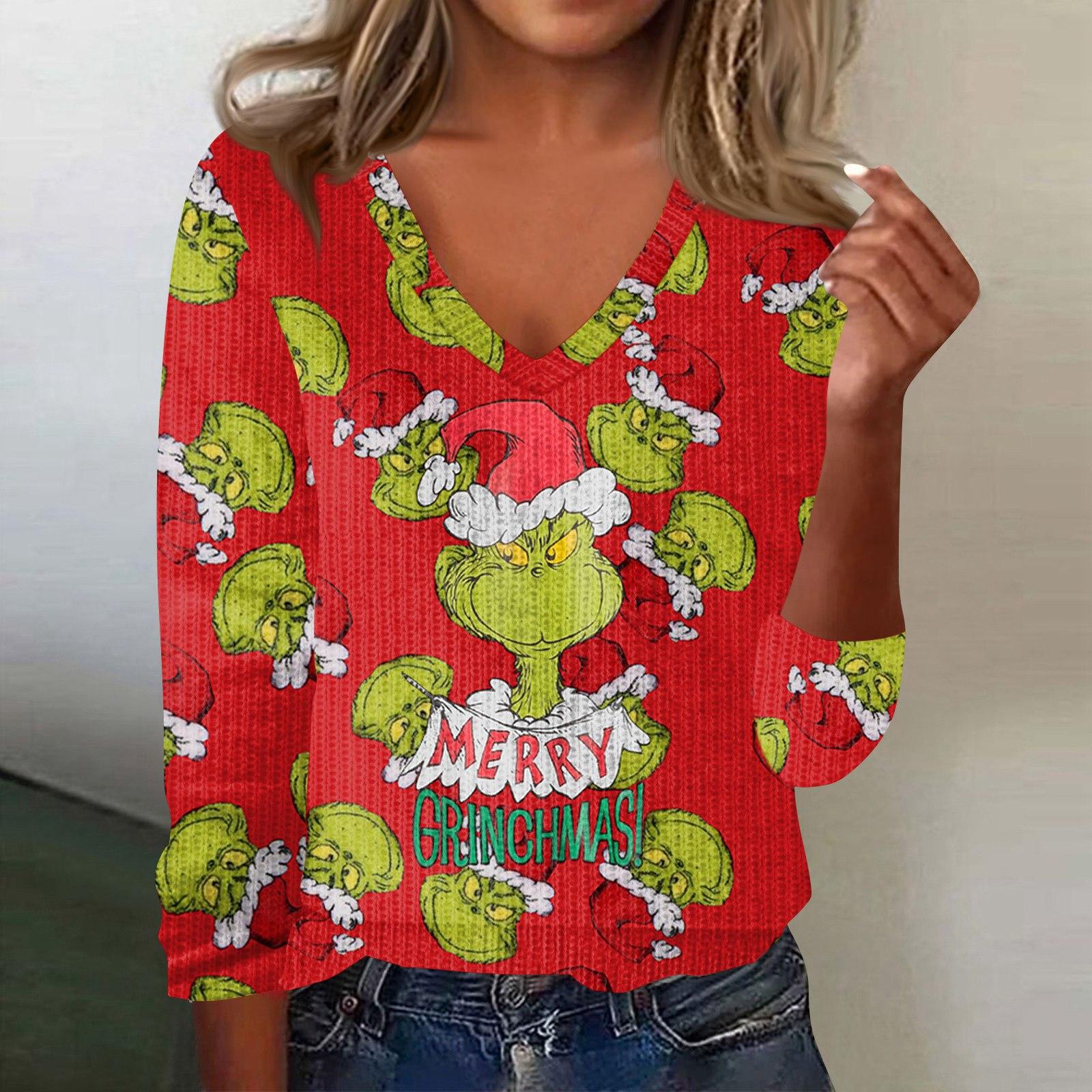 

Женский милый свитер вязаный модный повседневный с V-образным вырезом длинным рукавом уютный с принтом топ XL красный