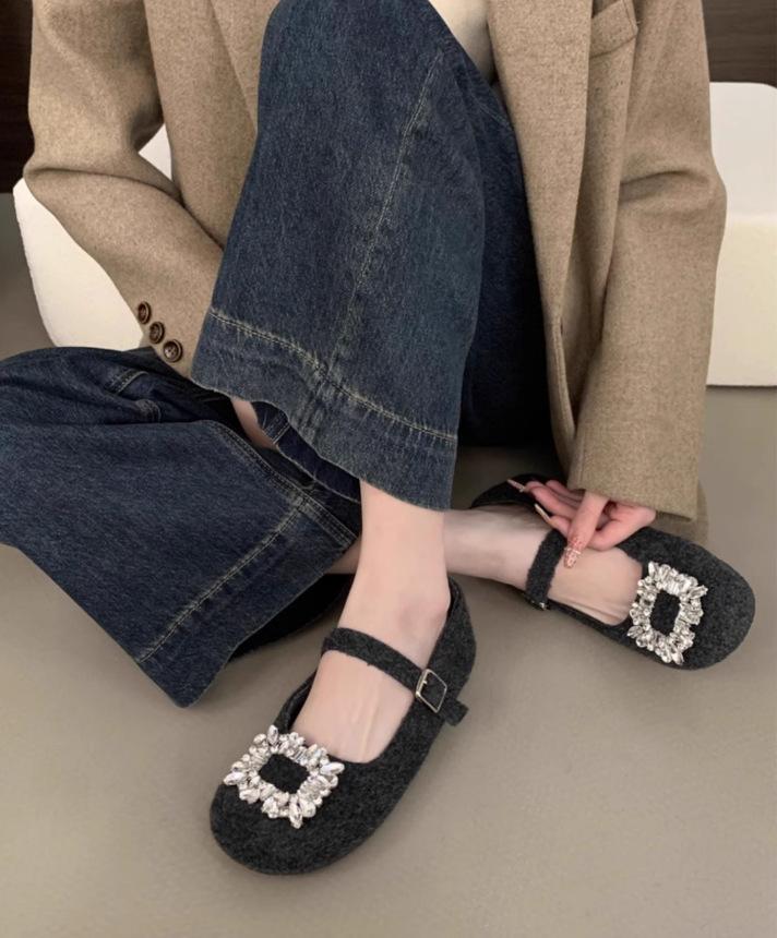 Inner Heightening Women's Shoes Temperament Mary Jane Shoes 2025 Spring and Autumn New French Square Head Rhinestone Shoes