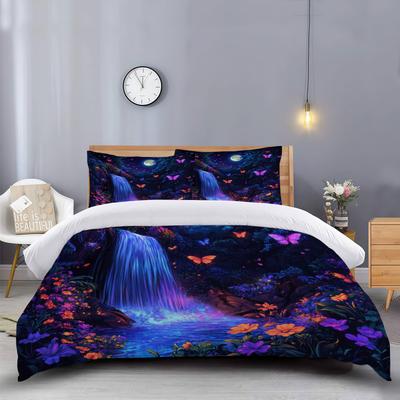 Bedding Three-Piece Set Fantasy Night Waterfall Forest Digital Printing Polished Mattress Pillowcase Home Textile